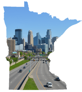 Minneapolis skyline photograph inside an outline of the shape of Minnesota